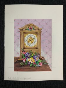 NOTE CARD Clock on Table with Flowers 8x10.5 Greeting Card Art #nn