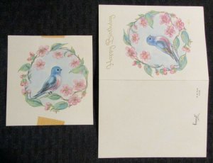 BIRTHDAY Blue Bird Pink Flower Border 4x4.25 Greeting Card Art #1287 w/ 1 Card