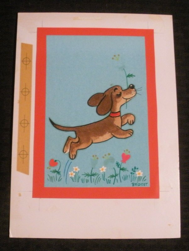 VALENTINE Cartoon Dog Jumping w/ Flowers 7x10 Greeting Card Art #V3870