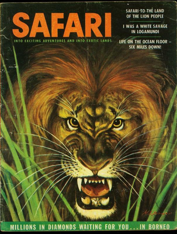 Safari Pulp Magazine August 1956- Hunting- Lion cover- Borneo Diamonds VG