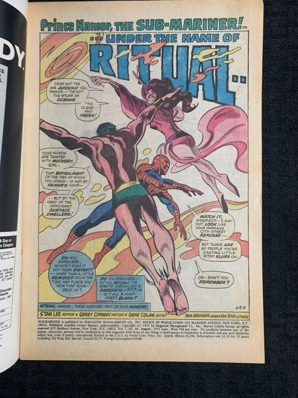 1971 SUB-MARINER #40 FN 6.0 Gene Colan / Spider-Man / Turalla
