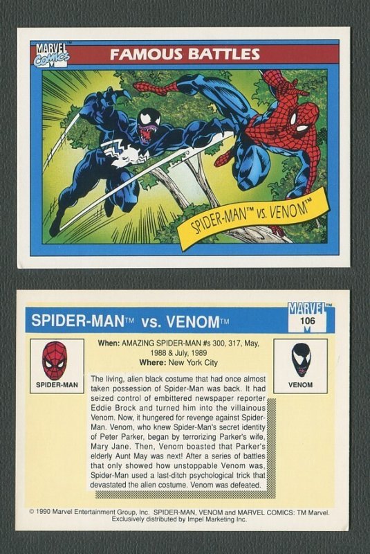 1990 Marvel Comics Card  #106 (Spider-Man vs Venom)  NM-MT