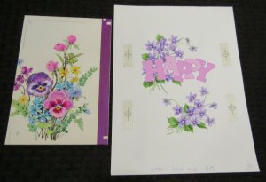 BIRTHDAY Purple & Pink Flowers 7x9 LOT of 2 Greeting Card Art #1694 6483