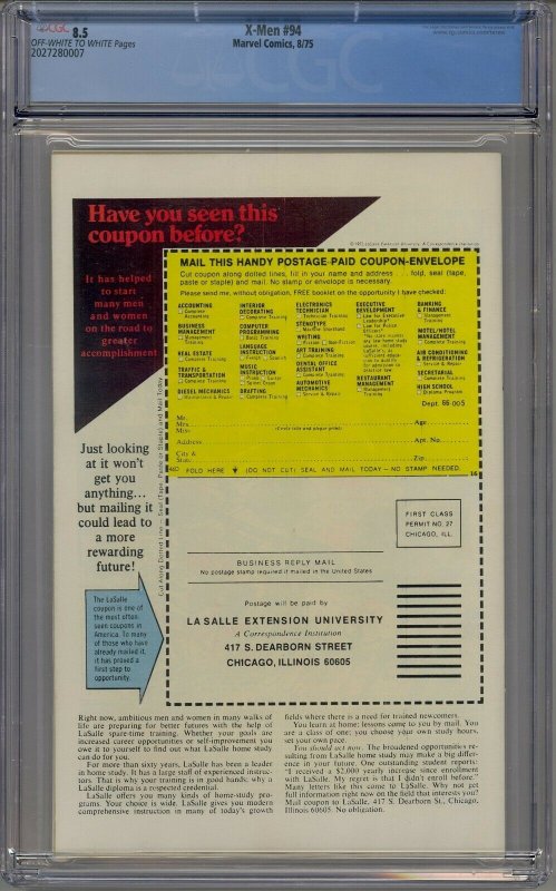 X-MEN #94 CGC 8.5 2ND NEW X-MEN 0007