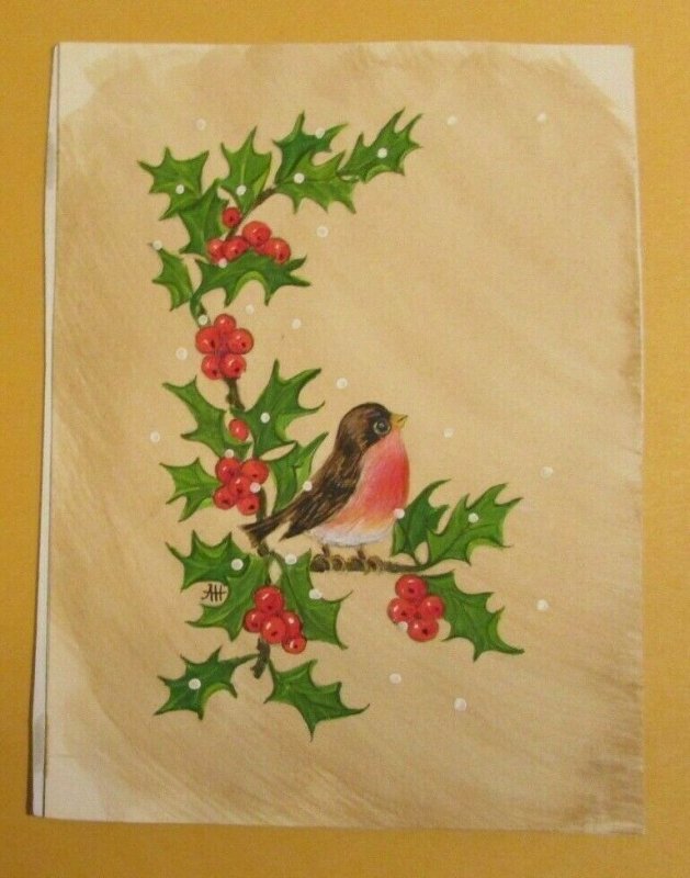 CHRISTMAS Bird in Poinsettia Branch 5x7 Greeting Card Art #3751 FVF 7.0