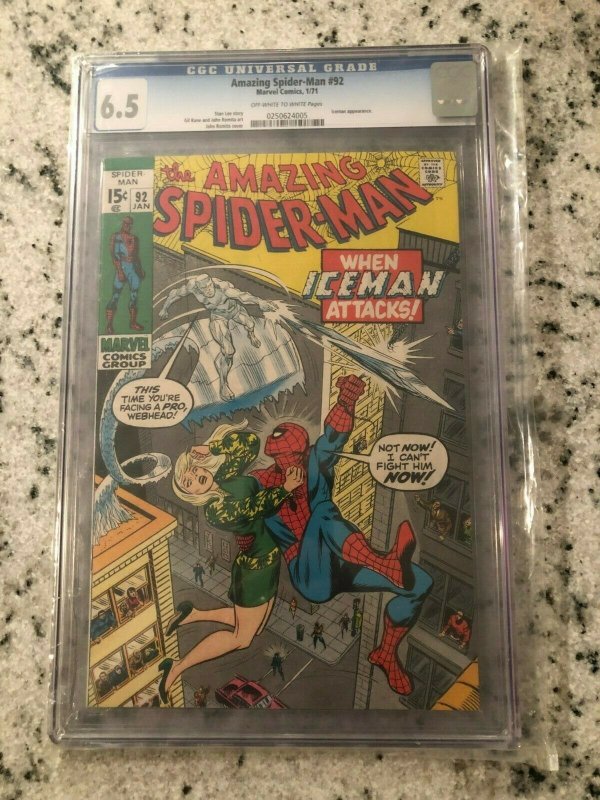 Amazing Spider-Man # 92 FN+ CGC 6.5 GRADED Marvel COMIC Book Iceman Stan Lee TJ1