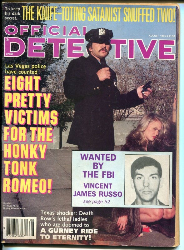 Official Detective 8/1985- spicy gun moll-crime pulp thrills-satanist-VG