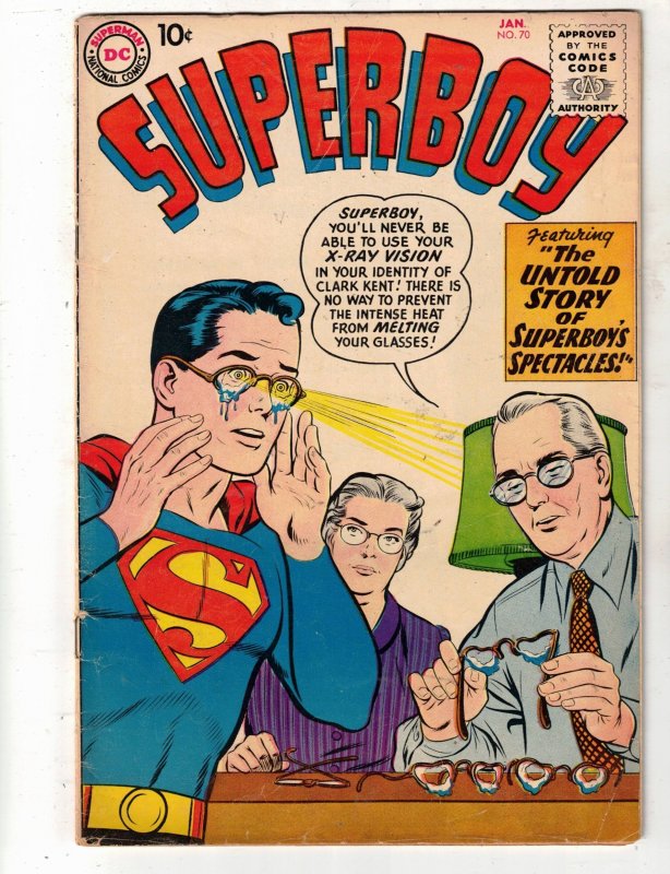 Superboy #70 1959 Super-Glasses cover! Untold Tales Of Superboy Begin! BEANTOWN!
