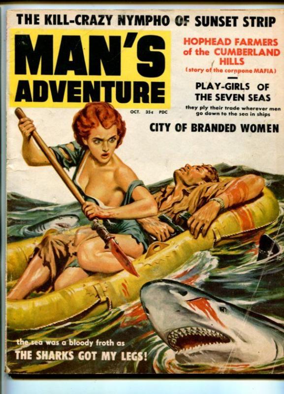 MAN'S ADVENTURE-OCT-1959-PULP FICTION-SHARK ATTACK-DECAPITATION ART-vg