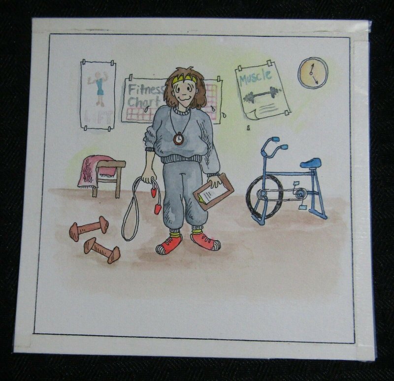 NOTE CUBE Cartoon Woman Working Out in Home Gym 5x5 Greeting Card Art #1236