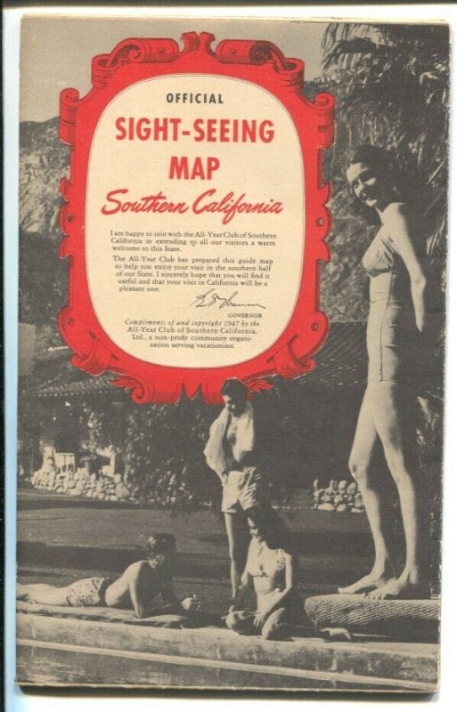 Official Sight-Seeing Map Southern CA 1947-lists of attractions-unique post W... 