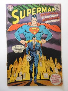 Superman #201 VG- Moisture stain, cover and 1st wrap detached bottom staple