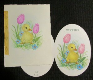 HAPPY EASTER Baby Yellow Chick w/ 2 Pink Flowers 6x8 Greeting Card Art #2446