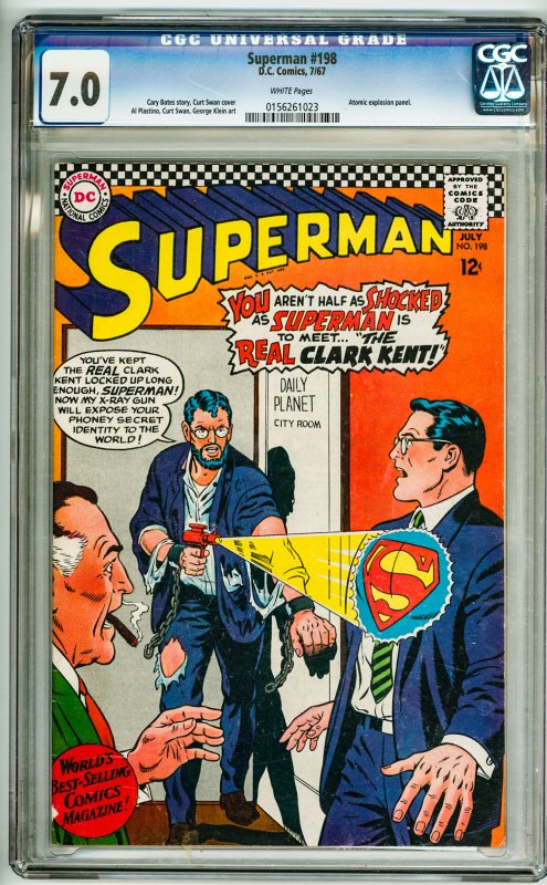 Superman #198 (1967) CGC 7.0! White Pages! Sticker on back of slab