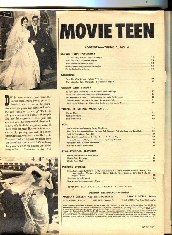 Movie Teen-Elizabeth Taylor-Farley Granger-Doris Day-Kirk Douglas-Oct-1950