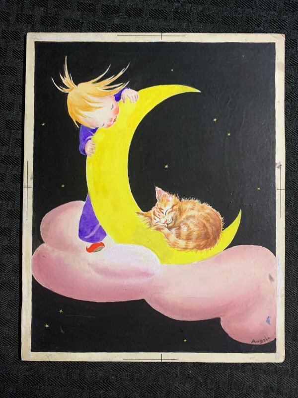 ANGEL GIRL w/ Cresent Moon & Kitten on Cloud 6.5x8.5 Greeting Card Art #243