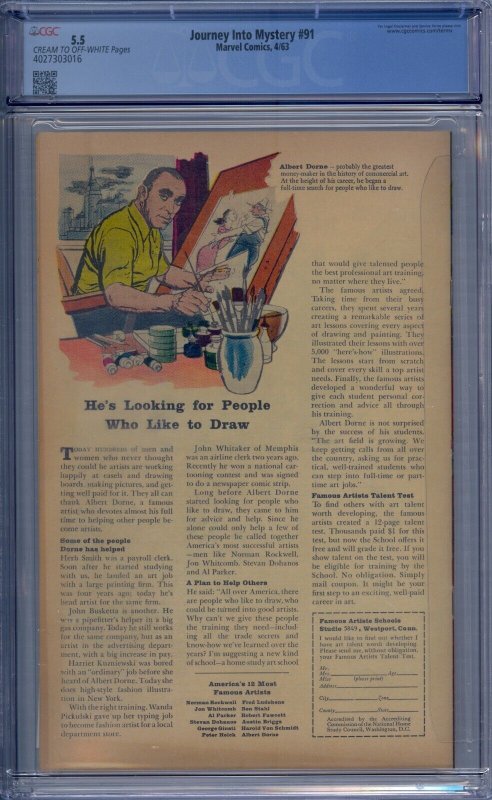 JOURNEY INTO MYSTERY #91 CGC 5.5 THOR SANDU LOKI STEVE DITKO