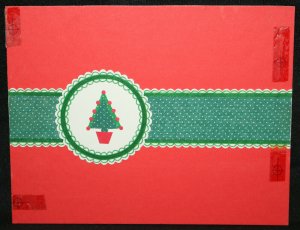 X-Mas Tree Red Background Christmas Greeting Card Fabric art by Nancy Salli