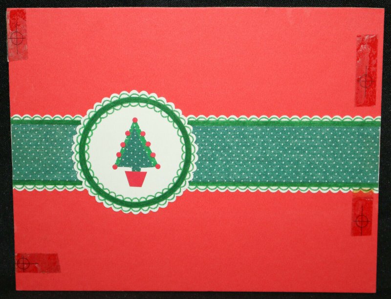 X-Mas Tree Red Background Christmas Greeting Card Fabric art by Nancy Salli