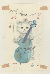 NEED A TUNE UP? Cute White Kitten Playing Cello 4x7 Greeting Card Art #C1630