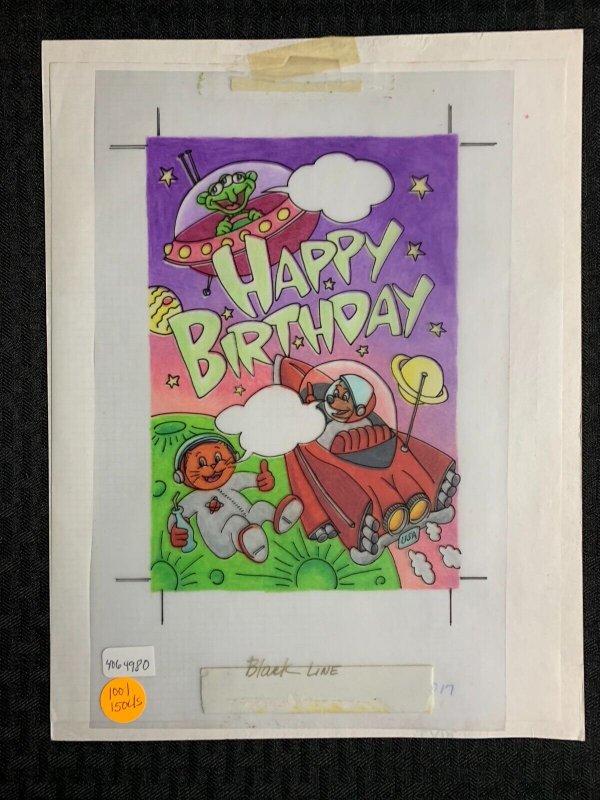 HAPPY BIRTHDAY Cartoon Aliens in Space 9x11.5 Greeting Card Art #5017