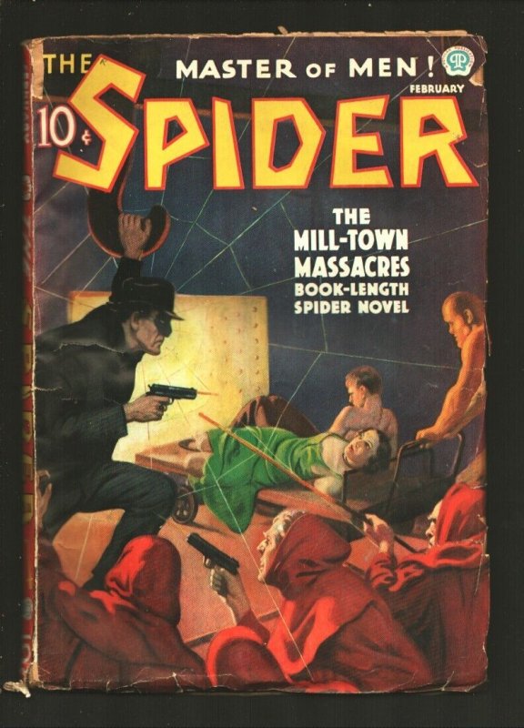 Spider 2/1937-Popular-The Mill-Town Massacres-Hooded menace tries to shoot ...