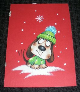 MERRY CHRISTMAS Painted Cartoon Dog w Snowflake 5.25x7.25 Greeting Card Art #291