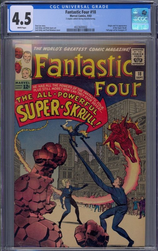 FANTASTIC FOUR #18 CGC 4.5 1ST SUPER SKRULL JACK KIRBY WHITE PAGES