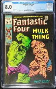 Fantastic Four 112 CGC 8.0 Classic Hulk vs. Thing battle issue.