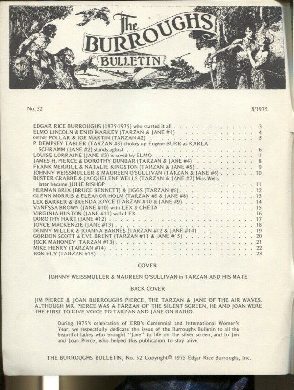 Burroughs Bulletin #52 1975-Tarzan & Jane Issue-full page pix-FN