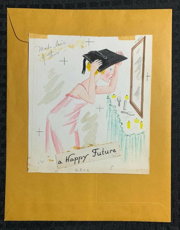 GRADUATION Cute Girl Trying on Cap in Mirror 6.5x7.5" Greeting Card Art  #G-4303 | Comic Collectibles - Original Art / HipComic