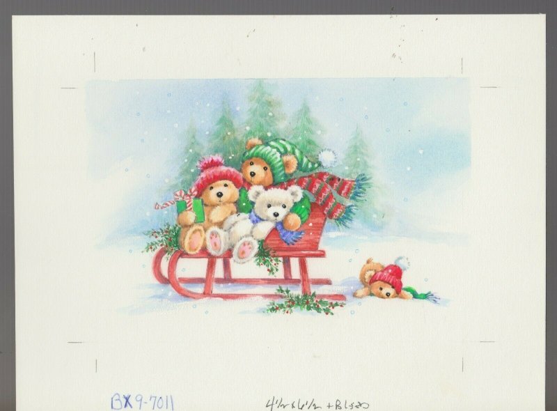 MERRY CHRISTMAS Four teddy Bears on Sled 9.5x7 Greeting Card Art #7011