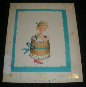 MERRY CHRISTMAS Cute Girl Wearing Wood Barrel 8.25x10 Greeting Card Art #1405