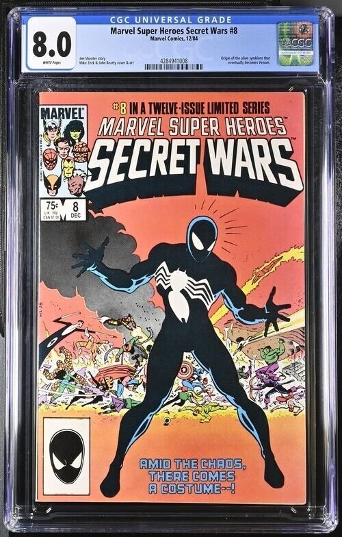 MARVEL SUPER HEROES SECRET WARS #8 CGC 8.0 ORIGIN VENOM SYMBIOTE WHITE PAGES