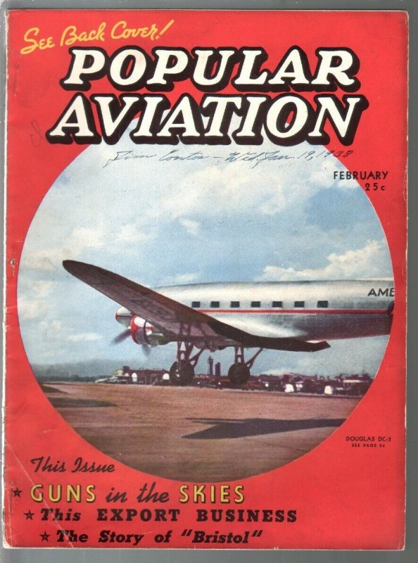 Popular Aviation 2/1938-Arch Whitehouse story-pre WWII-pulp thrills-VG