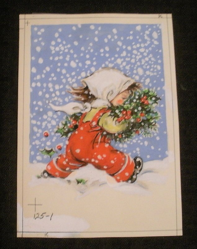 CHRISTMAS Cute Girl w/ Poinsettia in Blizzard 5.25x7 Greeting Card Art #125-1