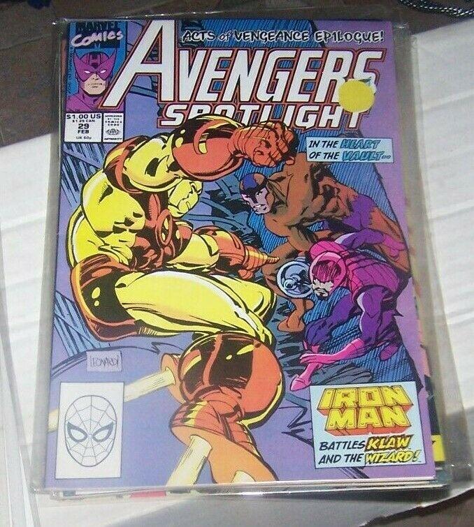 avengers spotlight # 29 feb 1990 marvel hawkeye and ironman acts of vengeance