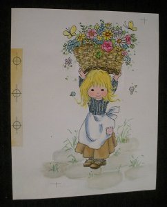 GET WELL SOON Cute Girl w/ Basket of Flowers 6.5x8.25 Greeting Card Art #C9623