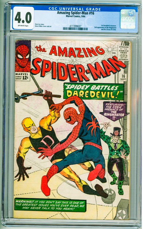 The Amazing Spider-Man #16 (1964) CGC 4.0! OW Pages! 2nd App of the Ringmaster!