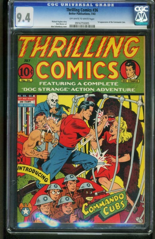 THRILLING COMICS #36 1943-CGC GRADED 9.4-SCHOMBURG -1st COMMANDO CUBS 0916755005