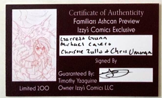 FAMILIARS ASHCAN PREVIEW SKETCH COVER GARRETT GUNN DIUBLE SIGNED W/COA.