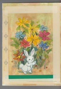 HAPPY EASTER White Rabbit Waving in Flower Patch 6x8.5 Greeting Card Art #E2452 