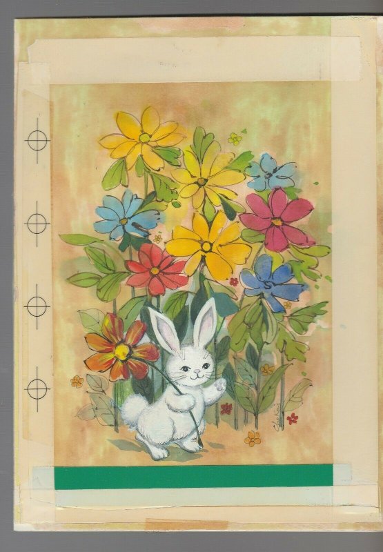 HAPPY EASTER White Rabbit Waving in Flower Patch 6x8.5 Greeting Card Art #E2452