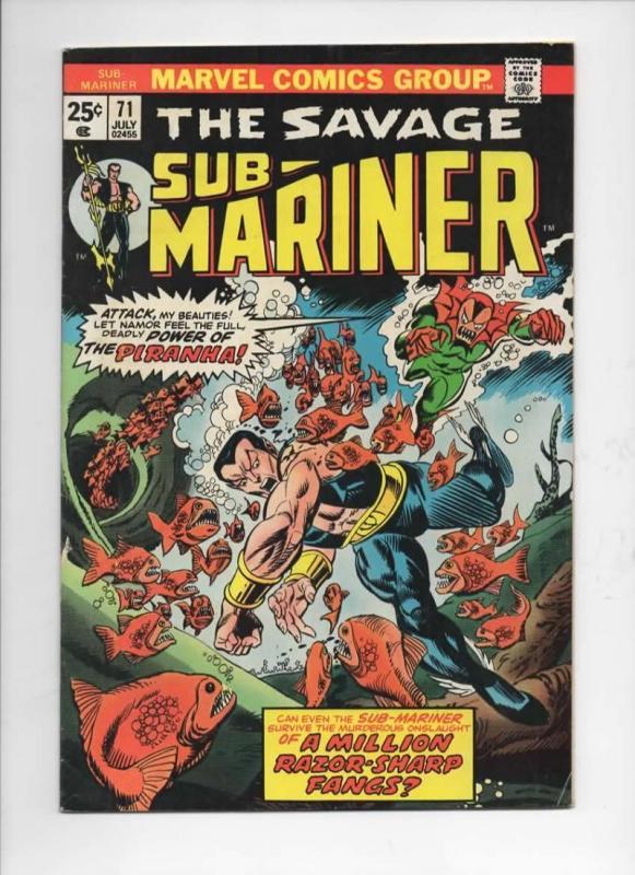 SUB-MARINER #71, FN, Tuska, Piranha, razor fangs, Marvel, 1968 1974, more in sto