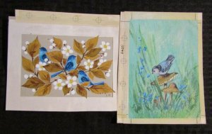 BLUE BIRDS w/ Mushroom & Flowers 5x7 Greeting Card Art #6649 10044 LOT of 2