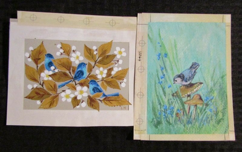 BLUE BIRDS w/ Mushroom & Flowers 5x7 Greeting Card Art #6649 10044 LOT of 2