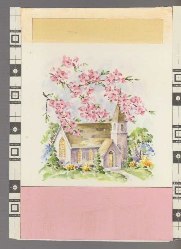 HAPPINESS OF EASTER Church w/ Pink Flowers 5x7.5 Greeting Card Art #E2610