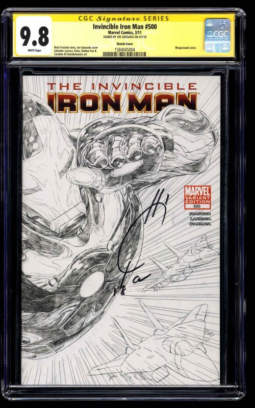 Invincible Iron Man #500 CGC NM/M 9.8 White Pages Sketch SS Signed Joe Quesada!