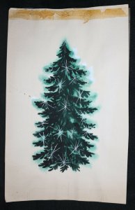 Original Christmas Greeting Card Art - 1963 X-Mas Tree Dark Green w White Stars