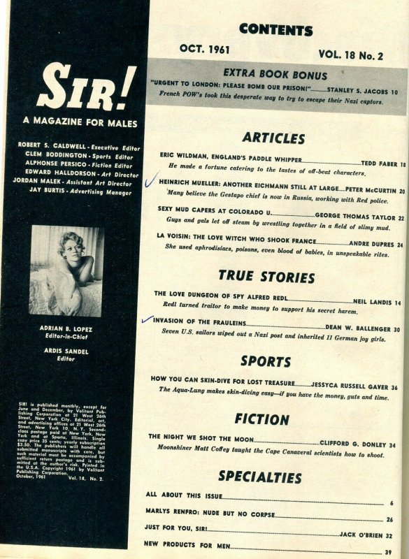 Sir! Magazine October 1961- Heinrich Mueller- Whipping- Marlys Renfro